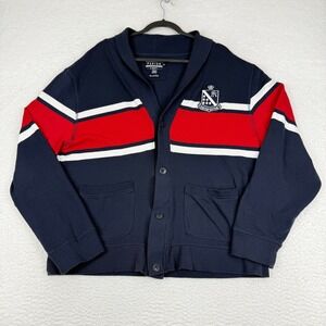 Parish Nation Mens 2XL‎ Shawl Collar Cardigan Sweater Navy Red White Stripe Logo